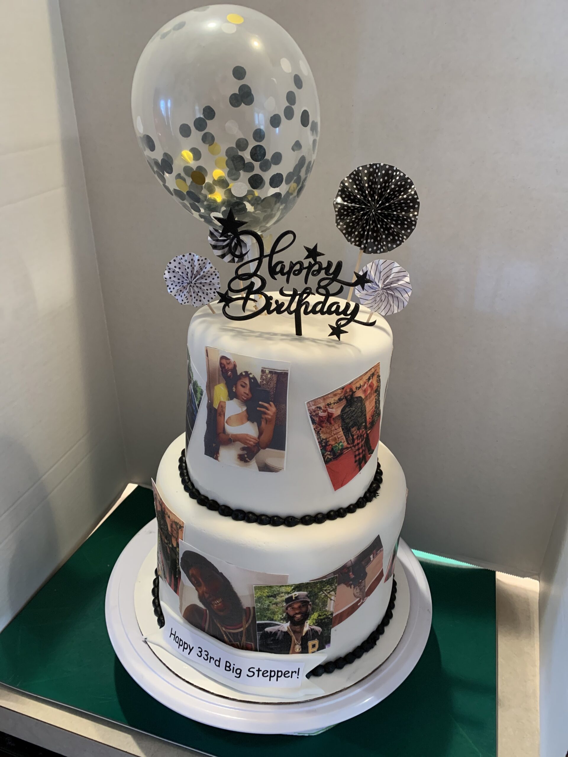 Collage of photos on romantic heart birthday cake